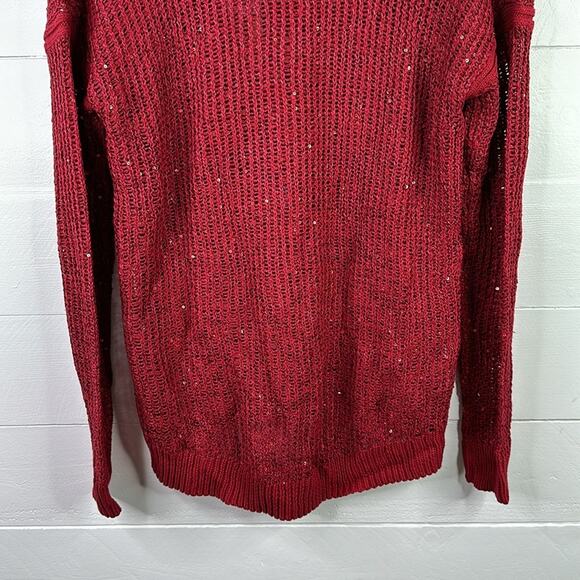 DKNY Ruby Red Sequin Knit Pullover V Neck Sweater Sweatshirt Top Size Small - Picture 4 of 10